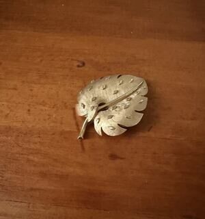 Vintage Crown Trifari Leaf Brooch Silver Tone Textured Botanical Pin Signed